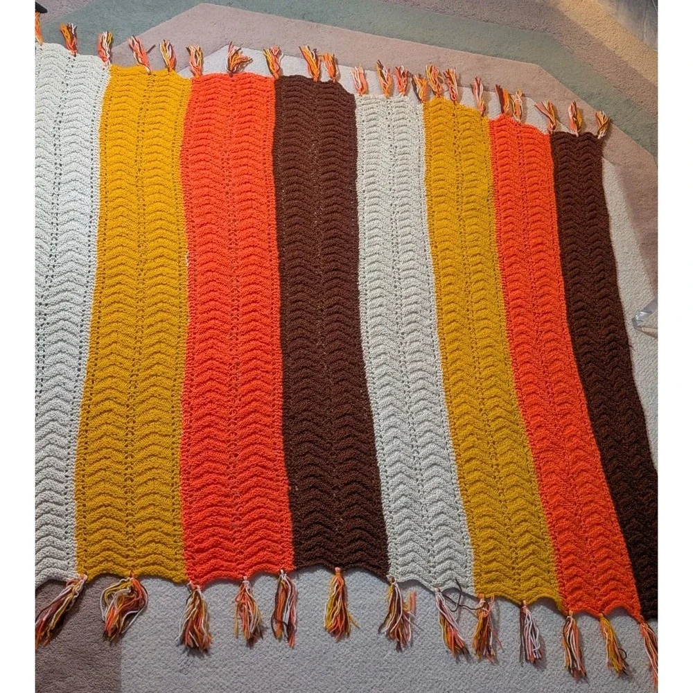Crochet Afghan Yellow Orange Brown Harvest Autumn Blanket Handmade 54X59 Vintage